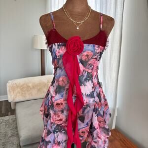 Y2K Inspired Floral Ruffle Hem Top Red Lace Rose Appliqué Detachable No Size